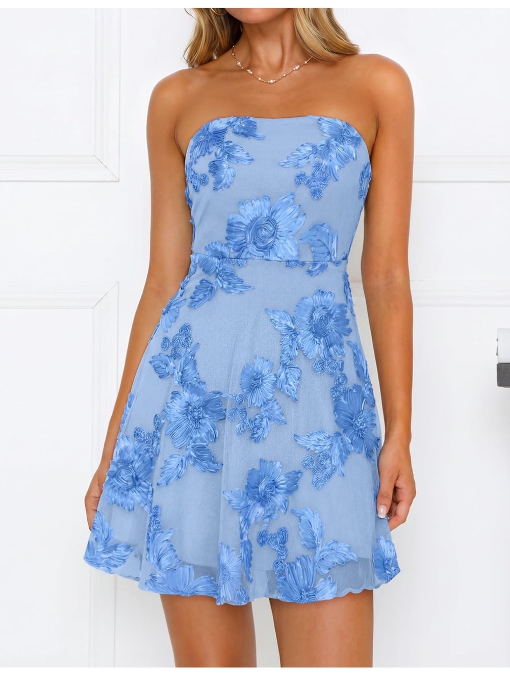 Strapless Light Blue Floral Appliqué Mini Dress - Picture 14 of 15